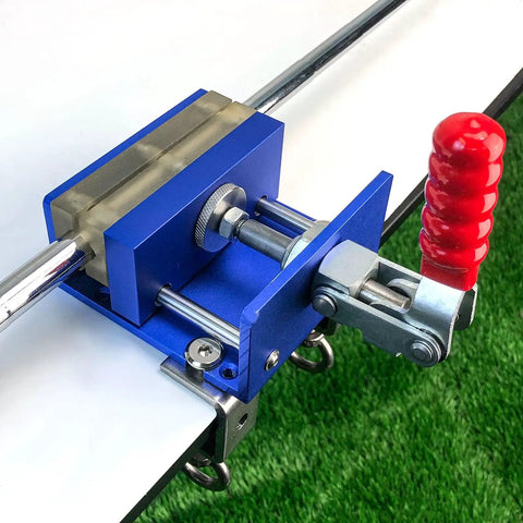 Close-up of No Fuss Drill Free Golf Club Vise with heavy-duty aluminum shaft clamp for easy grip swaps and repairs.