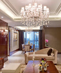 Elegant living room with chandelier lit by Bright Daylight LED Candelabra Bulbs 6W 60W Equivalent 5000K 600 Lm E12 Candle Base