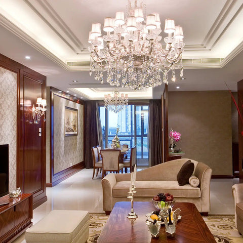 Elegant living room with chandelier lit by Bright Daylight LED Candelabra Bulbs 6W 60W Equivalent 5000K 600 Lm E12 Candle Base