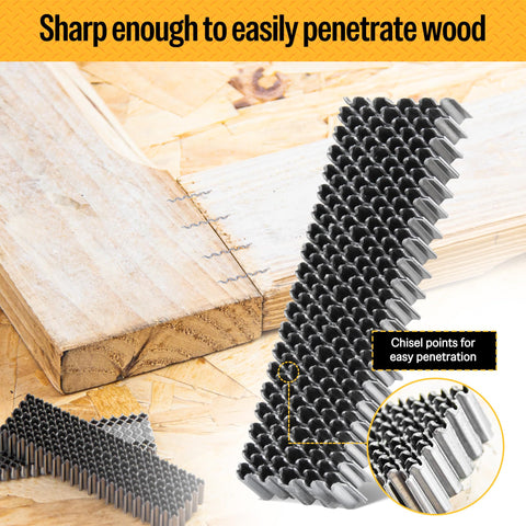 Corrugated W Fasteners 25 Gauge 1 Inch Crown Three Eighths Inch Length Staples For Pneumatic Staplers And Woodworking Projects 1200 Count Box Glue Collated next to wood showing sharpness and chisel points.
