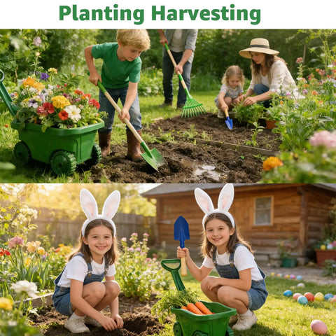 Children using 10 Piece Kids Gardening Tools Set with Wheelbarrow Shovel Rake Hoe and Leaf Rake for Outdoor Backyard Play