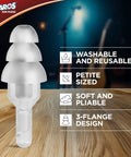Flat Attenuation Ear Plugs For Music Lovers With Free Case NRR 12 Silicone Hypoallergenic Clear One Pair Delivers True High Fidelity Series Sound While Protecting Your Ears At Concerts Rehearsals And Studio Sessions, shown on table with washability and design features highlighted.