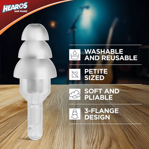 Flat Attenuation Ear Plugs For Music Lovers With Free Case NRR 12 Silicone Hypoallergenic Clear One Pair Delivers True High Fidelity Series Sound While Protecting Your Ears At Concerts Rehearsals And Studio Sessions, shown on table with washability and design features highlighted.