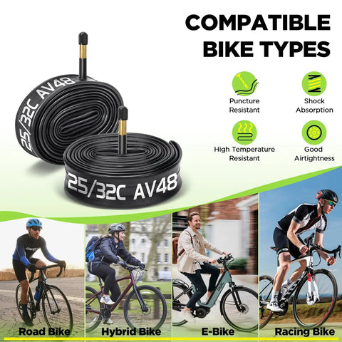 Inner Tube 700C Set With AV48 Schrader Valve Butyl For 700x25C To 700x32C Includes 2 tire levers, compatible with various bikes.