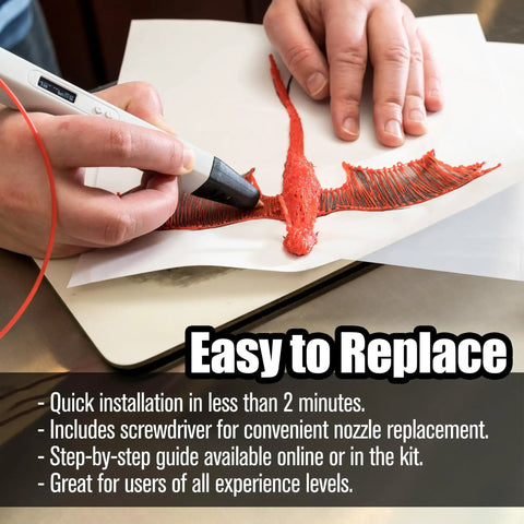 Hand using Replacement 3D Pen Nozzle For Pro 3D Printing Scribbler With Quick Snap In Design, no tools needed, for red 3D art.