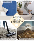 Image showing carpet curling, slipping hazard, vacuum on rug, and pet play displacement with Ultra Thin Rug Tape Set With 12 Reusable Sheets.