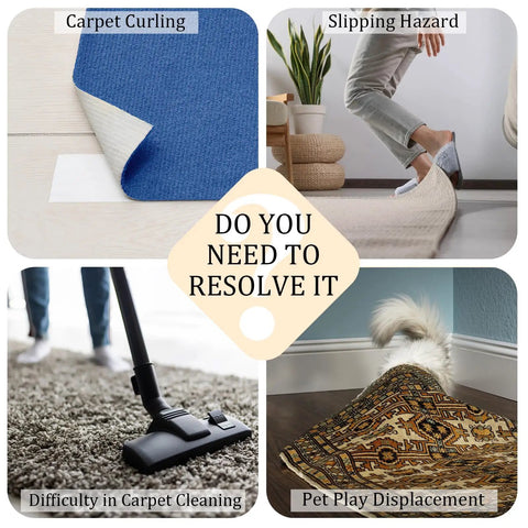Image showing carpet curling, slipping hazard, vacuum on rug, and pet play displacement with Ultra Thin Rug Tape Set With 12 Reusable Sheets.
