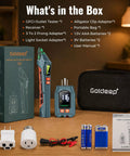 Plug And Play Circuit Breaker Finder With GFCI Outlet Tester and accessories including adapters, batteries, and user manual.