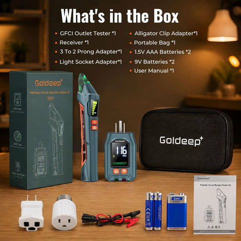 Plug And Play Circuit Breaker Finder With GFCI Outlet Tester and accessories including adapters, batteries, and user manual.