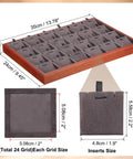 Top Tier Wooden Jewelry Organizer Tray With Plush Velvet Grids And Quick Swap Dividers For Earrings Necklaces And Pendants Keep Your Stash Sorted In This Slick Drawer Display Setup Gray, showing dimensions and grid layout.