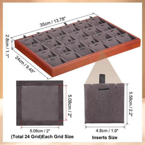 Top Tier Wooden Jewelry Organizer Tray With Plush Velvet Grids And Quick Swap Dividers For Earrings Necklaces And Pendants Keep Your Stash Sorted In This Slick Drawer Display Setup Gray, showing dimensions and grid layout.
