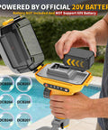 Person inserting battery into 20V Battery Powered Water Transfer Pump Cordless Go Anywhere Stick Pump With 37 Inch Hose