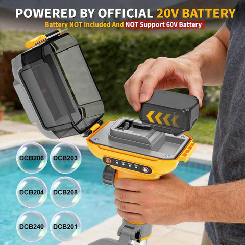 Person inserting battery into 20V Battery Powered Water Transfer Pump Cordless Go Anywhere Stick Pump With 37 Inch Hose