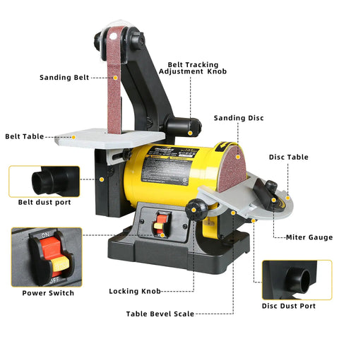 Beast Belt And Disc Sander For Woodworking 1x30 Belt And 5 Disc Upgraded Pro Model With Direct Drive Motor labeled parts view