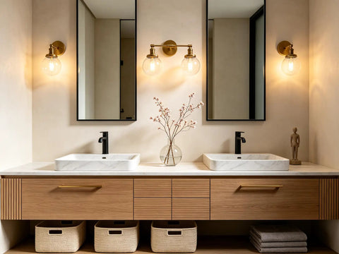 Bathroom with Vintage Double Sconce Wall Light With 5.9 Inch Clear Glass Globe above vanity, modern bath decor