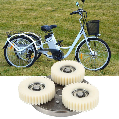 Beefed Up Electric Bike Motor Gear Clutch Kit 500W 750W Upgrade shown with 36T nylon gears next to an electric bike