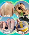 Back, hands, and feet covered with sand; volleyball on sandy beach for 2 Pack Sand Remover Bags Portable Quick Dry Erasers For Beach Towels Blankets Chairs Umbrellas Hats Tents Canopies Shade Shelters Travel Picnic Gear Outdoor Accessories No Fuss Clean Up.