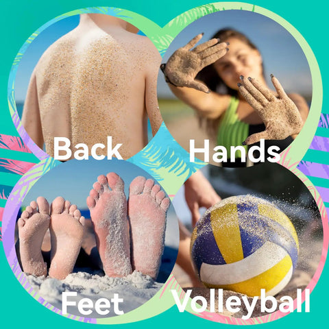 Back, hands, and feet covered with sand; volleyball on sandy beach for 2 Pack Sand Remover Bags Portable Quick Dry Erasers For Beach Towels Blankets Chairs Umbrellas Hats Tents Canopies Shade Shelters Travel Picnic Gear Outdoor Accessories No Fuss Clean Up.