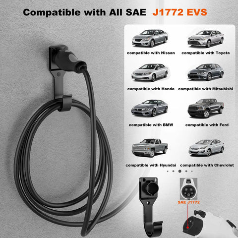 Sturdy Wall Mount EV Charger Holder For SAE J1772 Cables With Locking Hook and Snug Dust Covers, neat garage storage setup.