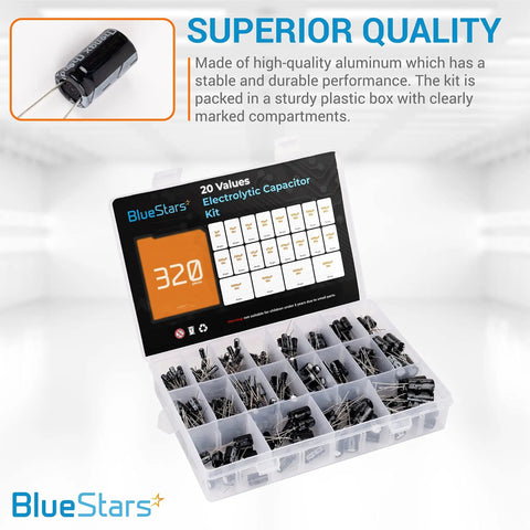 All In One 320 Pieces Aluminum Electrolytic Capacitor Kit In Durable Box With 20 Values Ranging From 1uF To 2200uF Includes 10V 16V 25V 35V And 50V Caps For DIY Electronics Projects And Repairs in plastic box with compartments