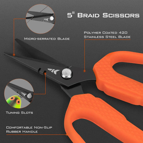 5 inch braid scissors with non-slip handle, micro-serrated polymer coated 420 stainless steel blade for fishing line cutting