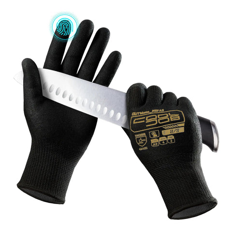 A3 Cut Resistant Gloves With Nitrile Grip Coating For Fishing And Woodworking, Touchscreen Safe Work Gear, holding a knife