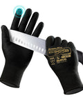 A3 Cut Resistant Fishing Gloves With Nitrile Grip Coating For Glass Handling And Wood Carving Tough As Nails Touchscreen Compatible Work Gloves For Saltwater Fishing Heavy Duty Safety Gear For Men Large Pair, shown with knife and touchscreen feature.