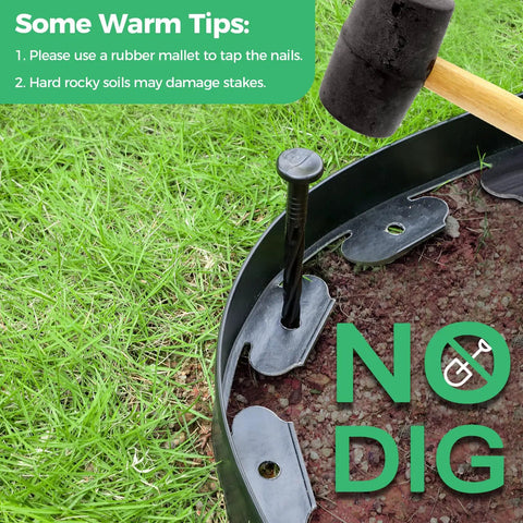 Close-up of 2 Inch Landscape Edging Border Kit with spike in soil, showcasing no-dig install with rubber mallet tip.