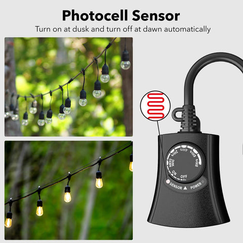 Photocell sensor feature of Outdoor Light Timer With Photocell Sensor Waterproof Dusk To Dawn Control 2 Grounded Outlets