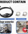Universal Three Eighths Inch 10mm Fuel Line With Primer Bulb Kit includes rubber hose, primer bulb, and two hose clamps for various applications.