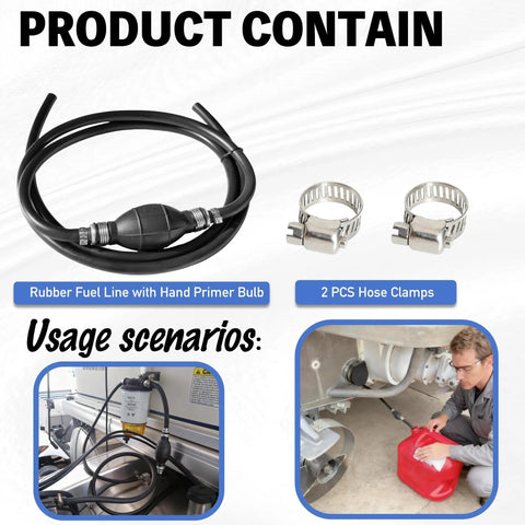 Universal Three Eighths Inch 10mm Fuel Line With Primer Bulb Kit includes rubber hose, primer bulb, and two hose clamps for various applications.
