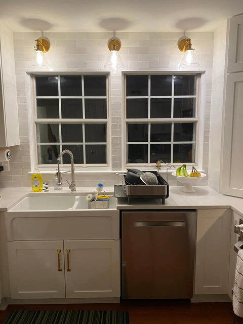 Kitchen with 1 Light Wall Mount Sconces With Funnel Flared Clear Glass Shade Handblown Glass Lampshade Dope Industrial Antique Gold Finish