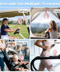 Battery Operated Stroller Fan With Flexible Tripod Clip On For Car Seat Crib Or Wagon, shown in various scenarios for versatility