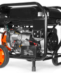 Dual Fuel Portable Generator With Electric Start And CO Watchdog, Power Up On Gas Or Propane, showing black frame and orange wheels