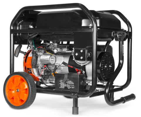Dual Fuel Portable Generator With Electric Start And CO Watchdog, Power Up On Gas Or Propane, showing black frame and orange wheels