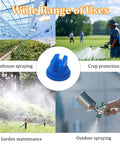 Collage showing blue spray nozzle, greenhouse, and garden use; 16 Pack Flat Fan Spray Nozzle Tips Set 0.3mm Aperture For Backpack Sprayers 110 Degree Plastic Spray Tips For Greenhouse Garden And Weeding Equipment Blue