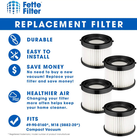 Four Milwaukee M18 Compact Vacuum HEPA Dry Filter Replacement Pack filters, 49-90-0160 49-90-1951, compatible with 0882-20