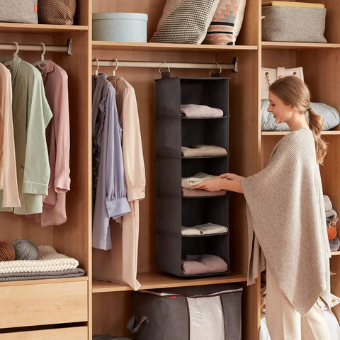 Five Tier Hanging Closet Organizer With Multi Compartment Wardrobe Storage Bin For Sweaters Pants And Towels Slick Heavy Duty Fabric Design Keeps Things Neat And Makes Sorting A Total Breeze