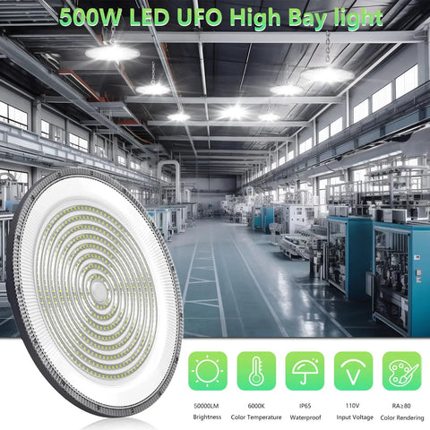 UFO High Bay LED Light 500W 50000LM Daylight 6000K 6500K IP65 Waterproof For Barn Garage Warehouse Shop Industrial Bay Lighting No Plug 20 Pack Durable Aluminum Construction