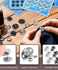 Easy Sew On Snap Buttons for Clothing and Accessories 8mm 10mm 12mm Metal Fasteners in silver and black colors being sewn on fabric