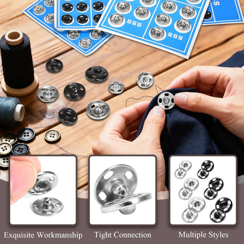 Easy Sew On Snap Buttons for Clothing and Accessories 8mm 10mm 12mm Metal Fasteners in silver and black colors being sewn on fabric