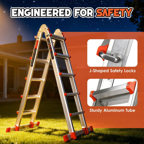 Telescoping A Frame Ladder 17 Ft With Anti Slip Feet, Multi Position Extension Ladder, Dual Stabilizer Bars For 8 Point Ground Contact, Secure Locking And Smooth Retraction For Stable Wobble Free High Reach Tasks, aluminum ladder in A-frame position