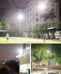 Top Tier Solar Led Flood Light With Remote Trigger And Smart Motion Detector For Driveway And Fence illuminating a sports field at night.
