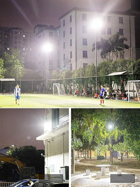 Top Tier Solar Led Flood Light With Remote Trigger And Smart Motion Detector For Driveway And Fence illuminating a sports field at night.