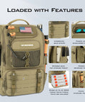 Fishing Tackle Backpack With Rod Holder And Four Tackle Boxes, 40/26L Capacity, features and multiple pockets, khaki large