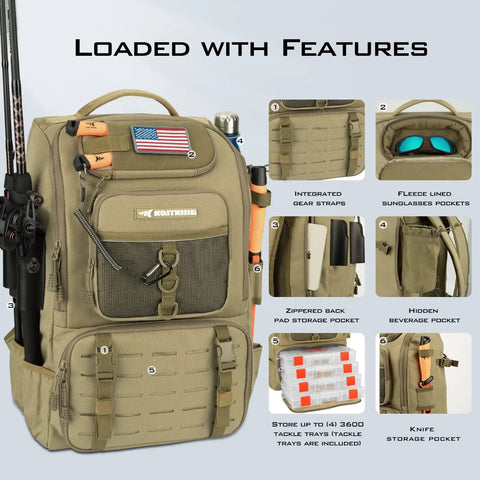 Fishing Tackle Backpack With Rod Holder And Four Tackle Boxes, 40/26L Capacity, features and multiple pockets, khaki large