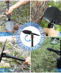 Multi-function shovel with pickaxe and saw used in outdoor settings for digging and cutting.
