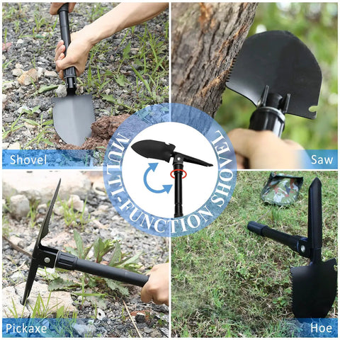 Multi-function shovel with pickaxe and saw used in outdoor settings for digging and cutting.