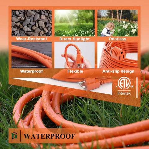 Beefy Workhorse Outdoor Extension Cord 25 Ft Waterproof 16 Gauge 3 Conductor Heavy Duty 3 Prong shown on wet grass