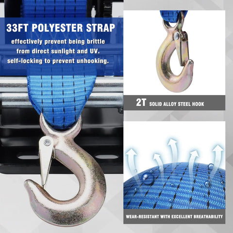 Close-up of 33 ft polyester strap and alloy steel hook for Beefy Heavy Duty Hand Winch for Boat Trailers 3500 Lbs